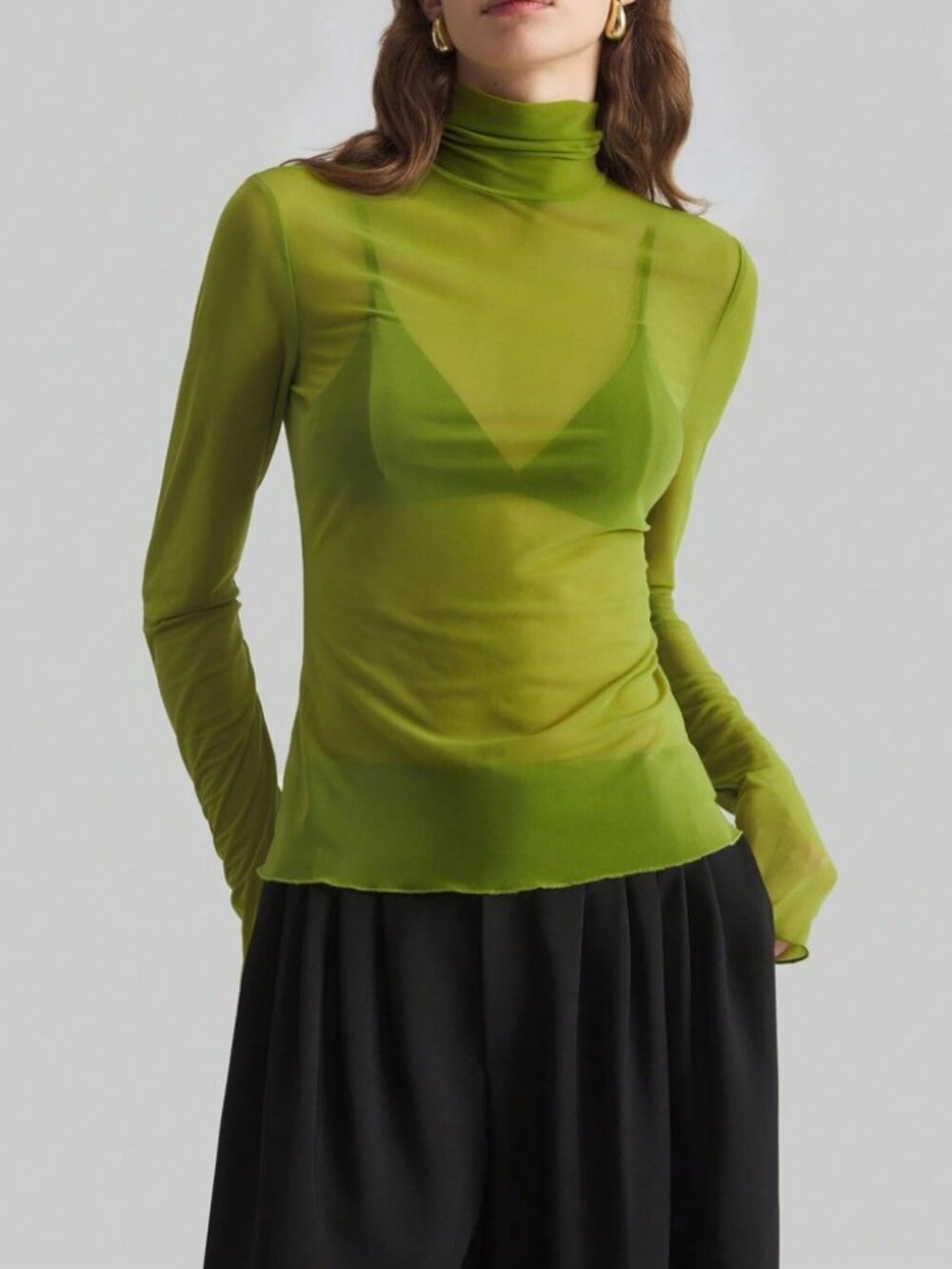 Leaf Green Mesh Sheer Turtleneck Top with Funnel Neck